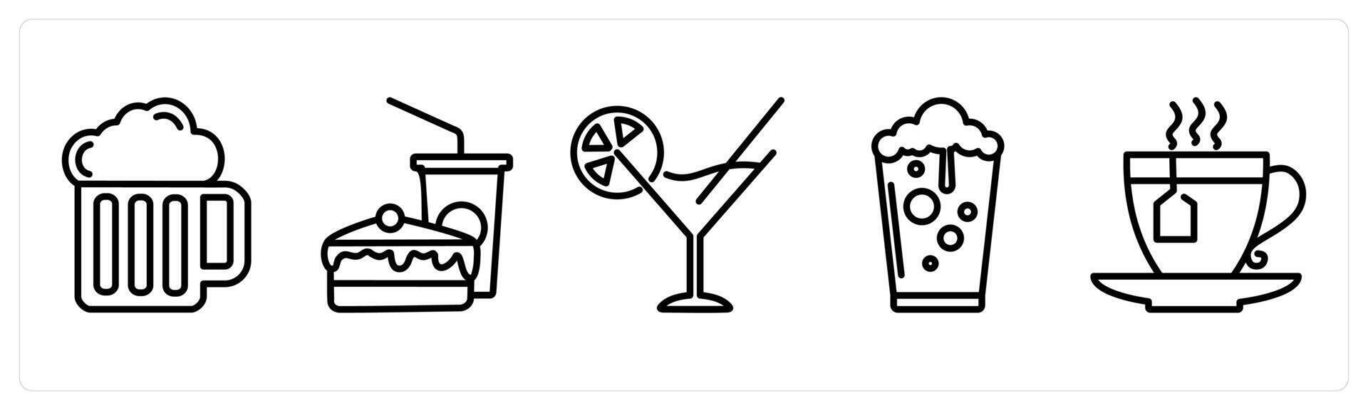A set of 5 travel icons as alcohol drink, food and drink, cocktail vector