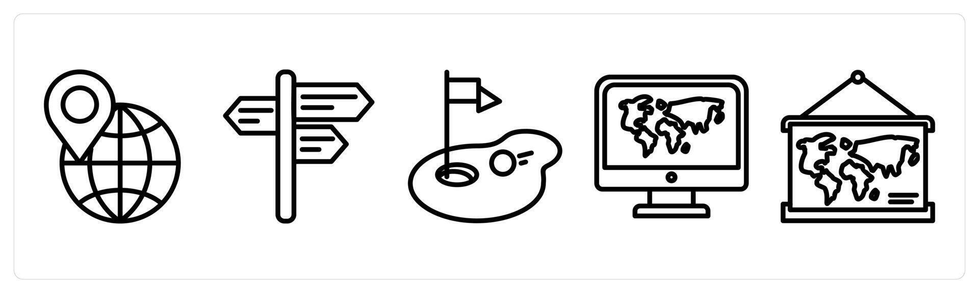 A set of 5 travel icons as global location, arrow direction, destination vector