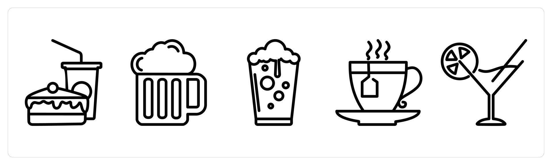 A set of 5 travel icons as food and drink, alcohol drink, cold drink vector