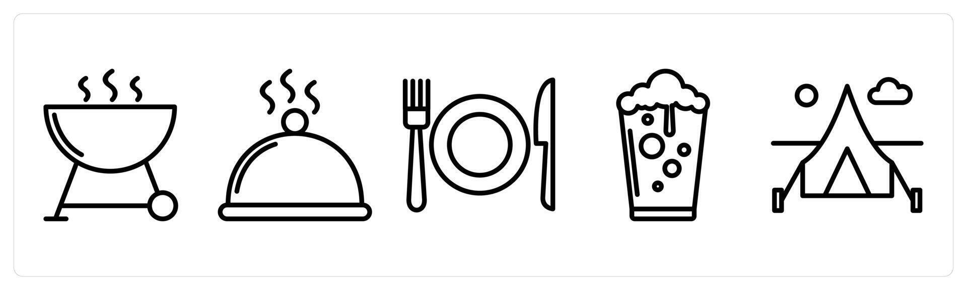 A set of 5 travel icons as barbecue, dish, cutlery vector