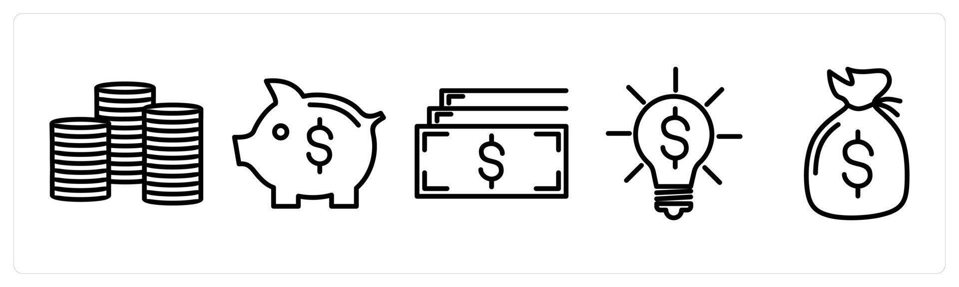 A set of 5 business icons as coins, money savings, mutual funds vector
