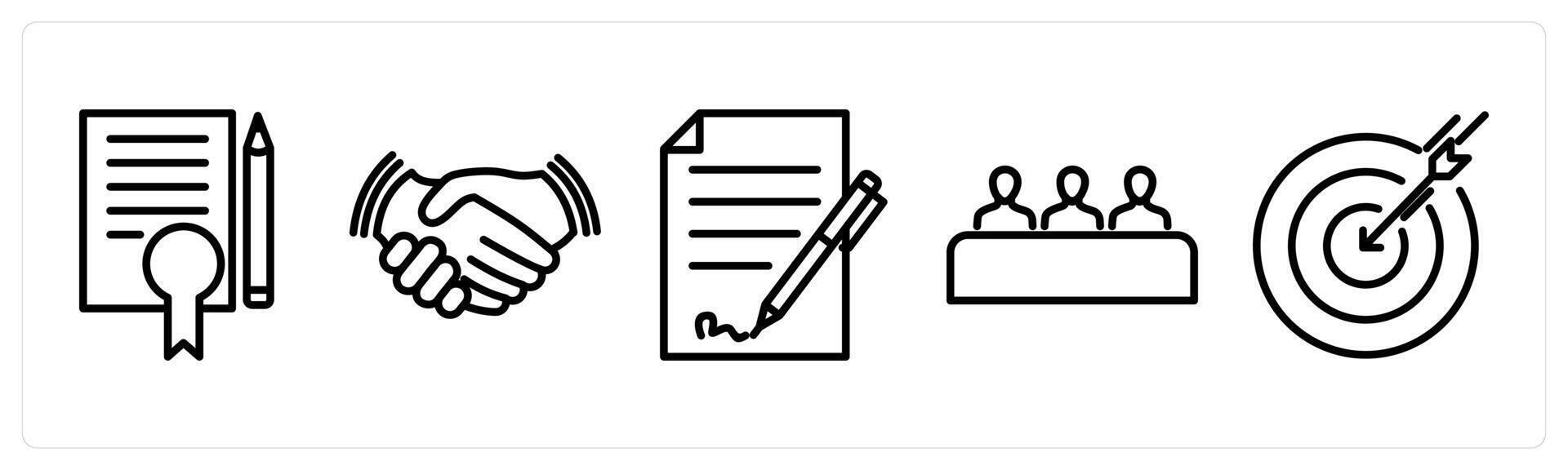A set of 5 business icons as certificate, partnership, signed agreement vector
