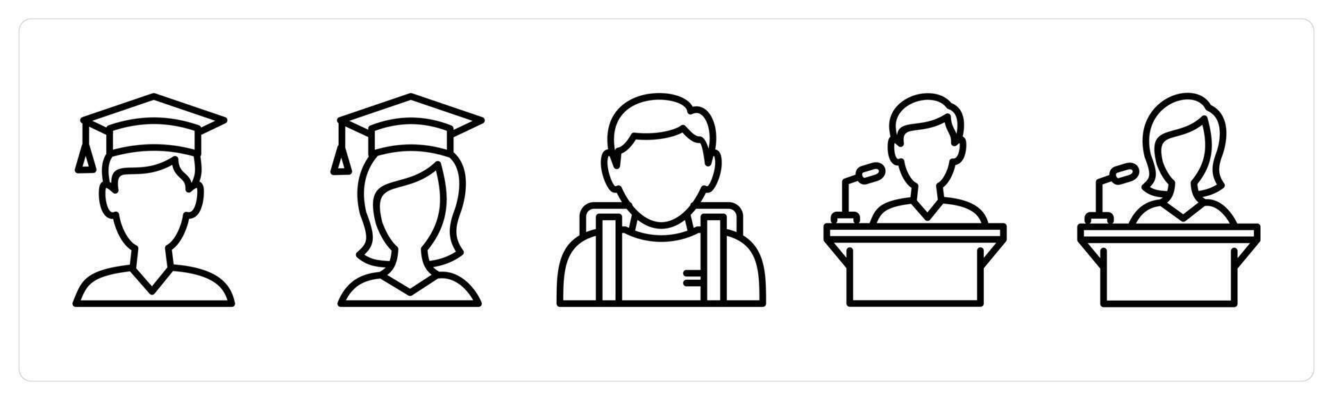 A set of 5 education icons as graduate boy, graduate girl, school student vector