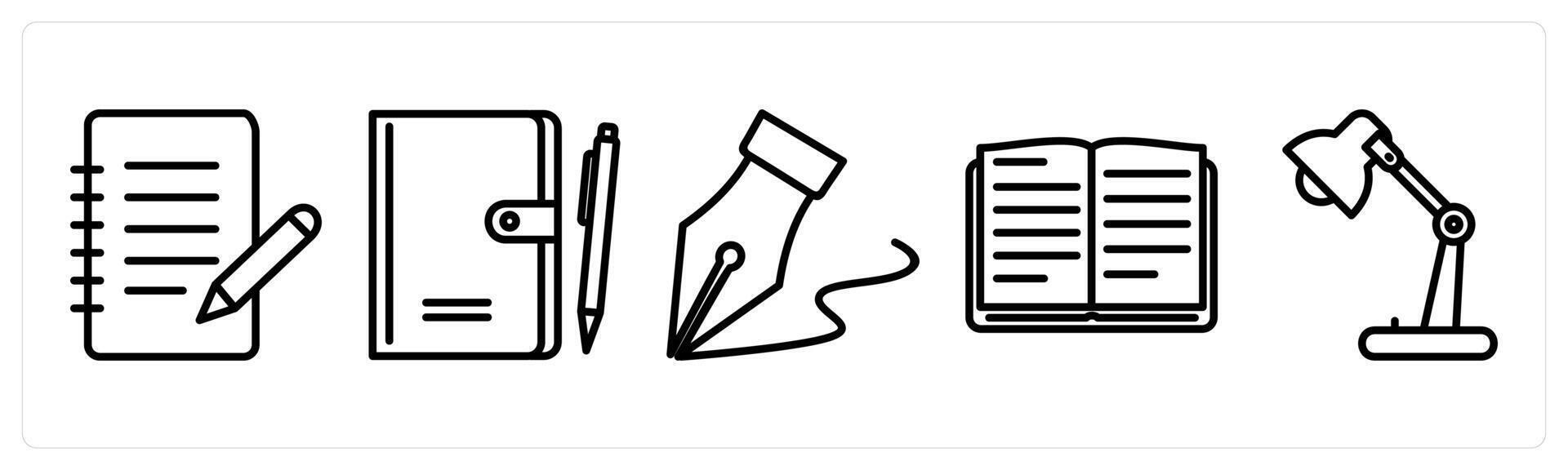 A set of 5 education icons as writing, notepad, fountain pen vector