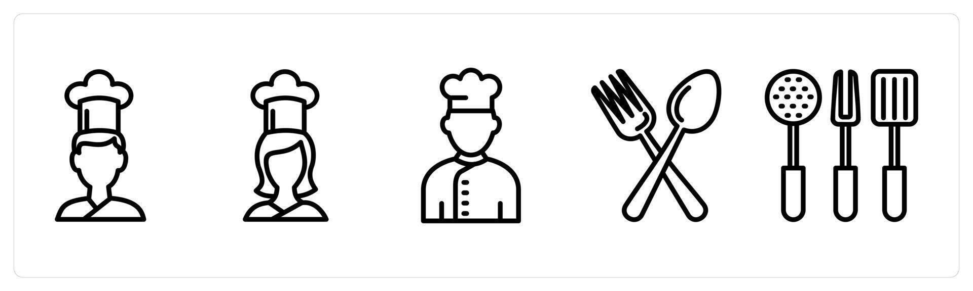 A set of 5 food icons as male chef, female chef, chef vector