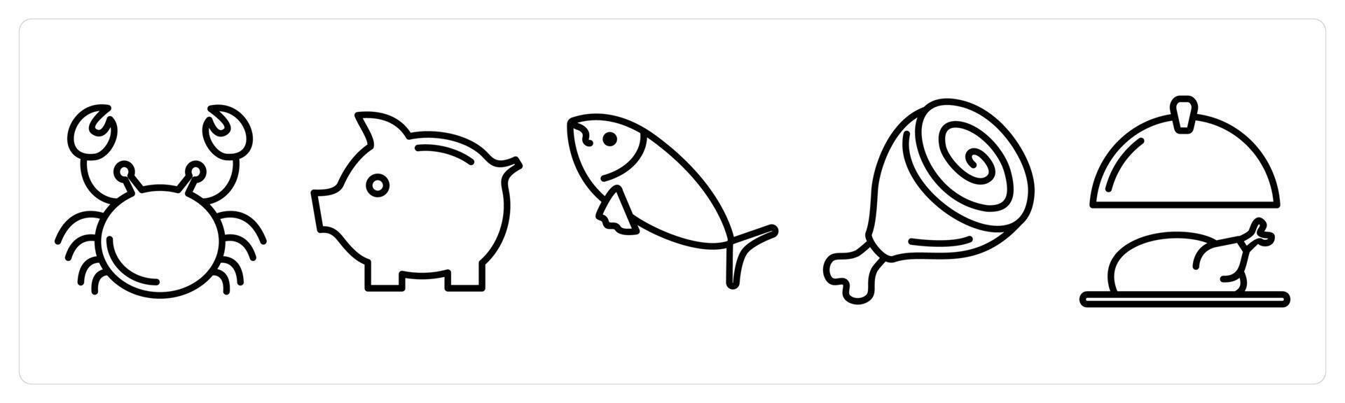 A set of 5 food icons as crab, pig, fish vector