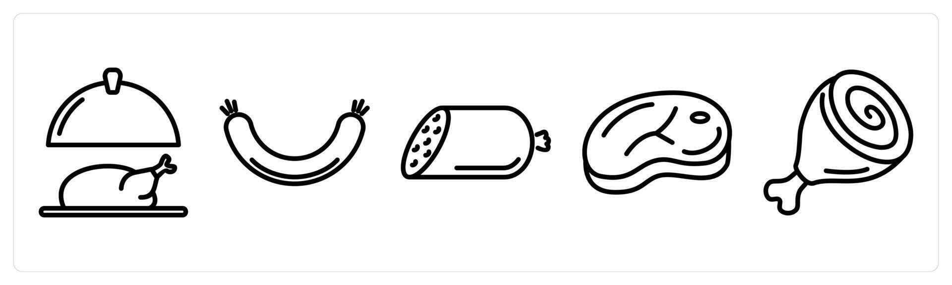 A set of 5 food icons as fried chicken, sausage, salami vector