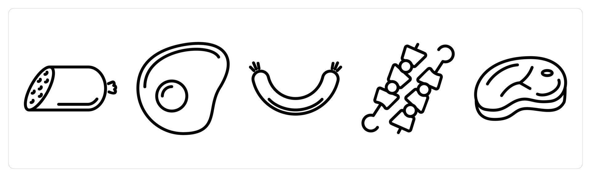 A set of 5 food icons as salami, chicken slice, sausage vector