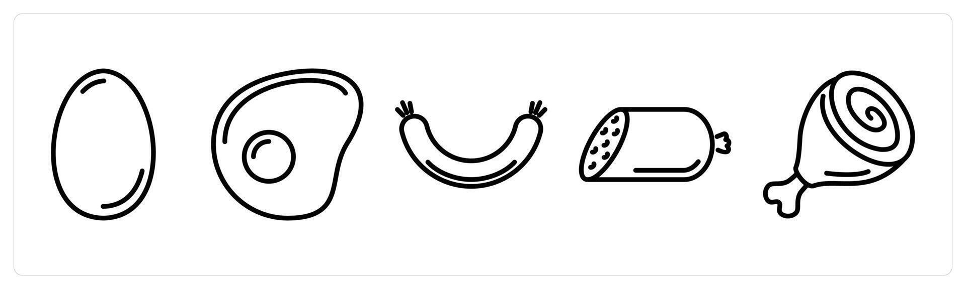 A set of 5 food icons as egg, chicken slice, sausage vector