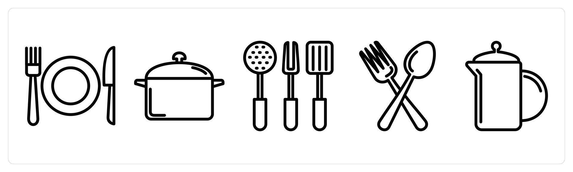 A set of 5 food icons as cutlery, sauce pan, kitchen accessories vector