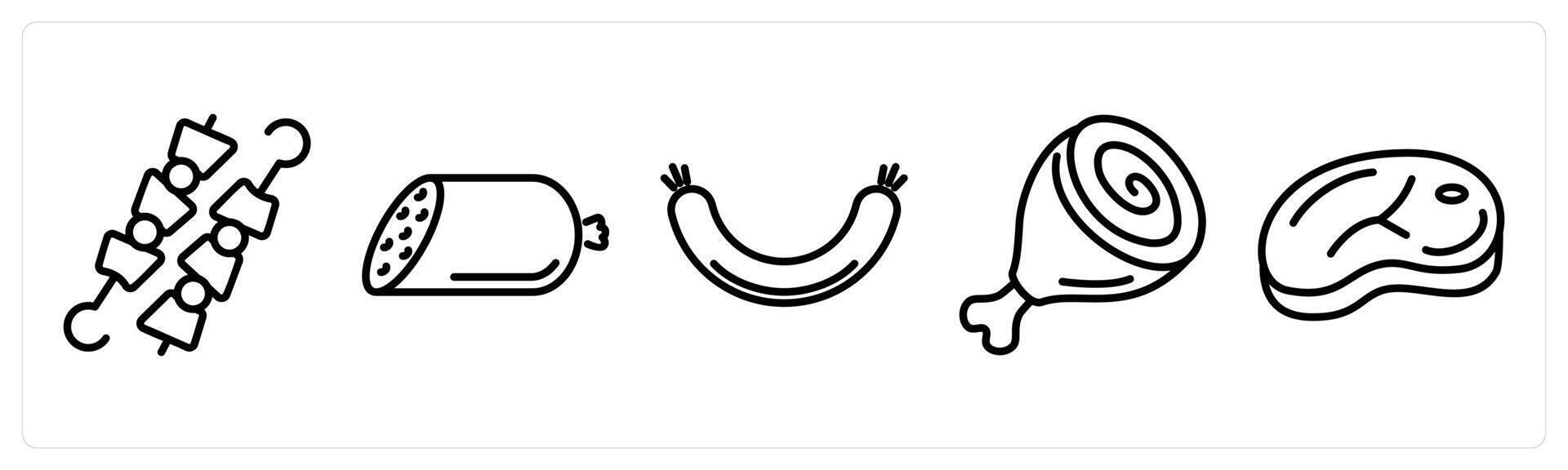 A set of 5 food icons as barbecue, salami, sausage vector