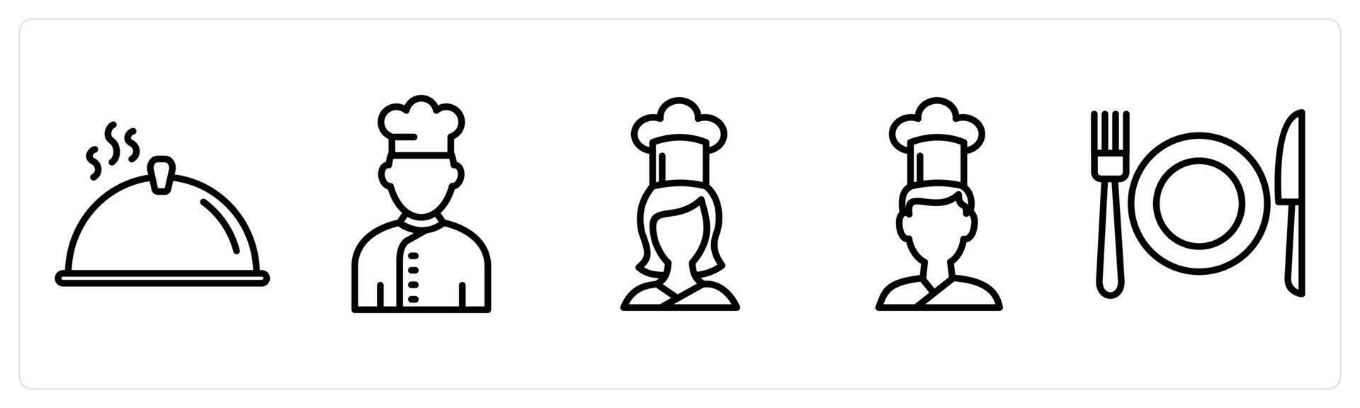 A set of 5 food icons as dish, chef, female chef vector