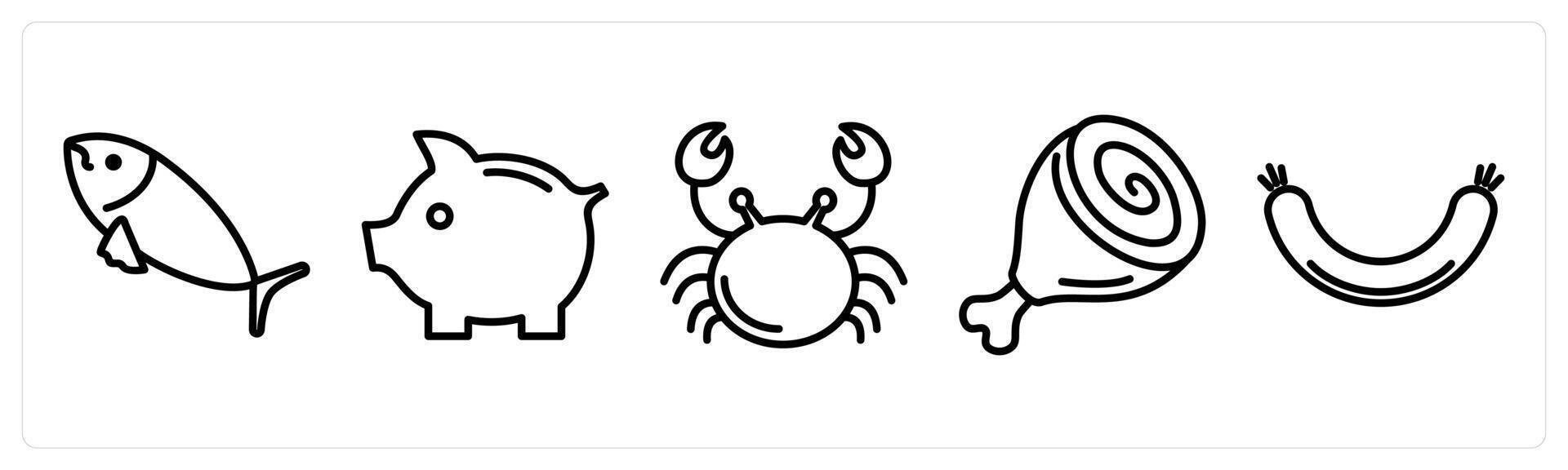 A set of 5 food icons as fish, pig, crab vector