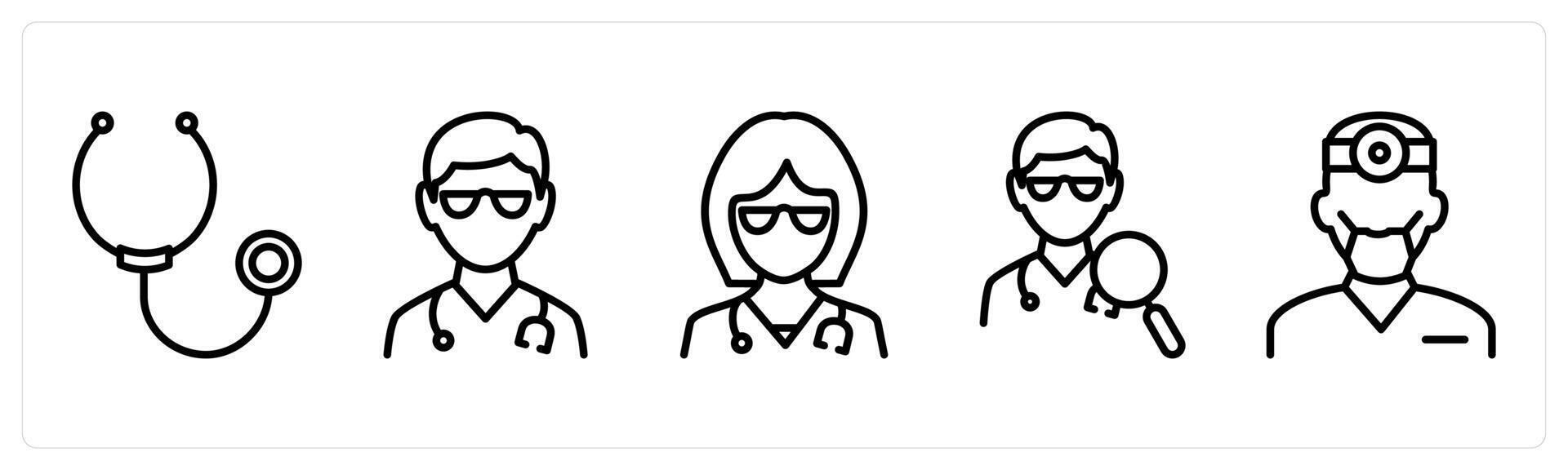 A set of 5 medical icons as stethoscope, male doctor, female doctor vector