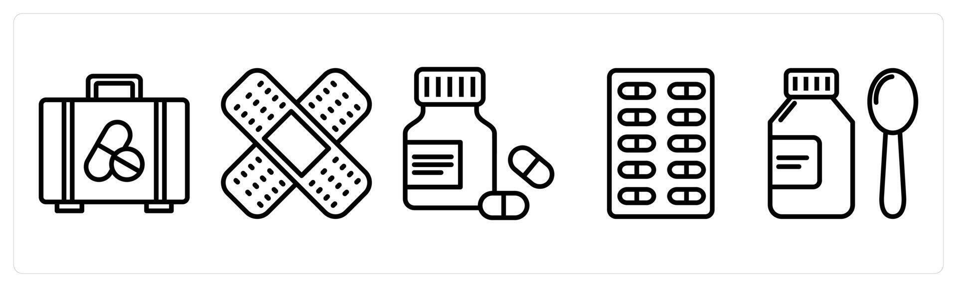 A set of 5 medical icons as medical kit, bandage, medicine vector
