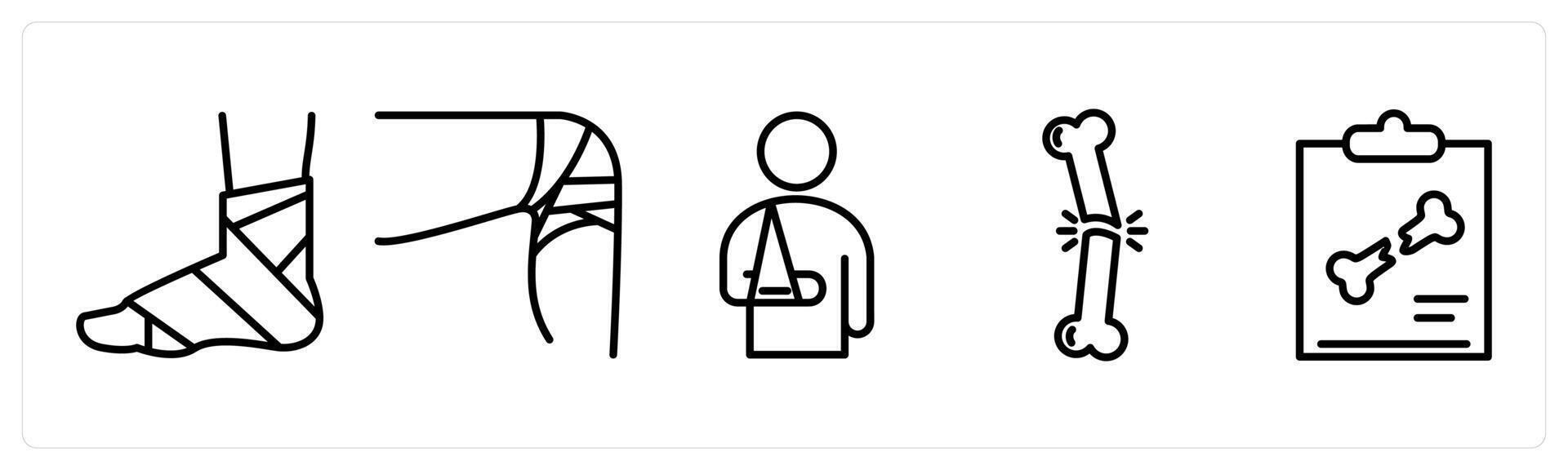A set of 5 medical icons as foot fracture, leg fracture, arm fracture vector