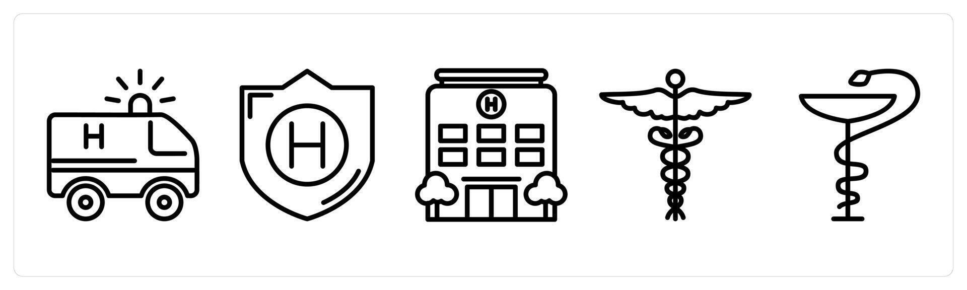 A set of 5 medical icons as ambulance, heath care, hospital building vector
