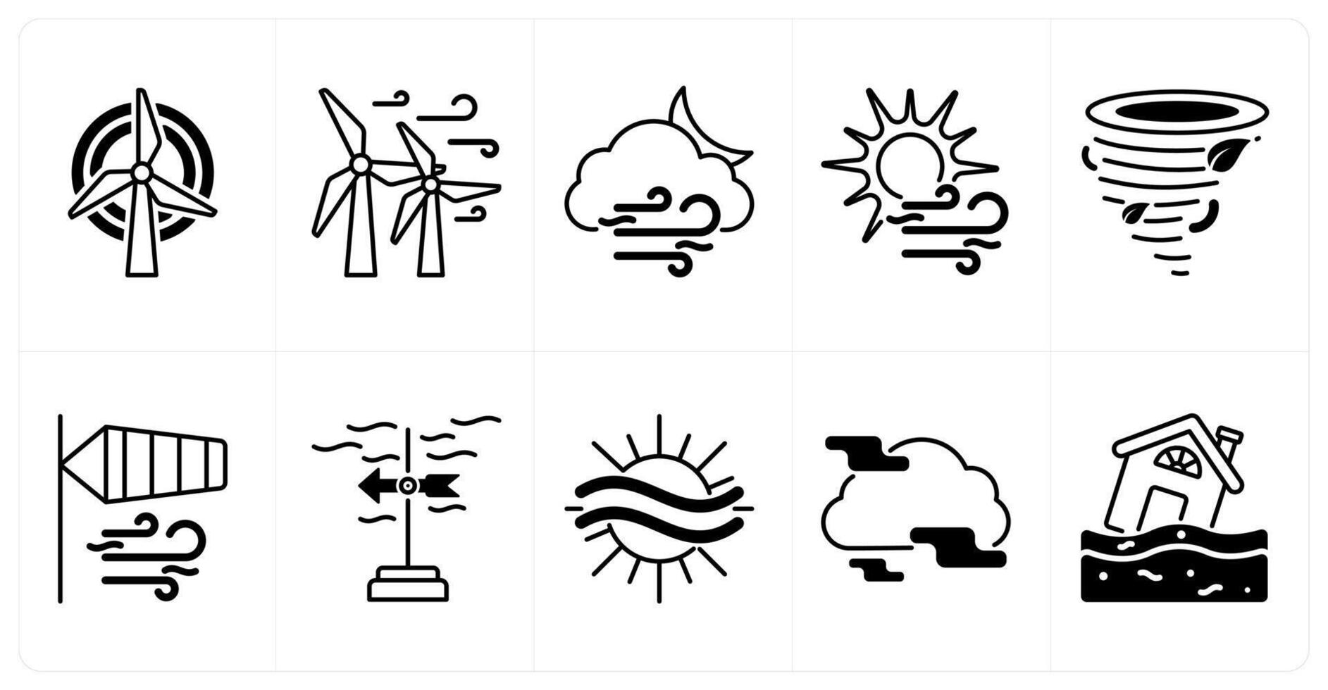 Set of of 10 weather icons as wind turbine, windy night, wind and sun vector