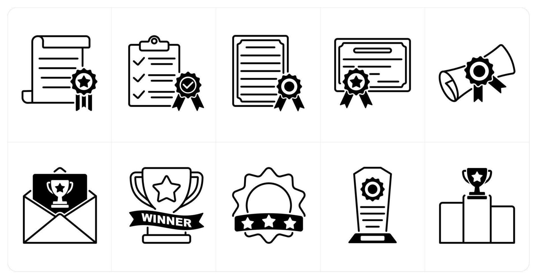 Set of of 10 award icons as certificate, qualified, degree vector