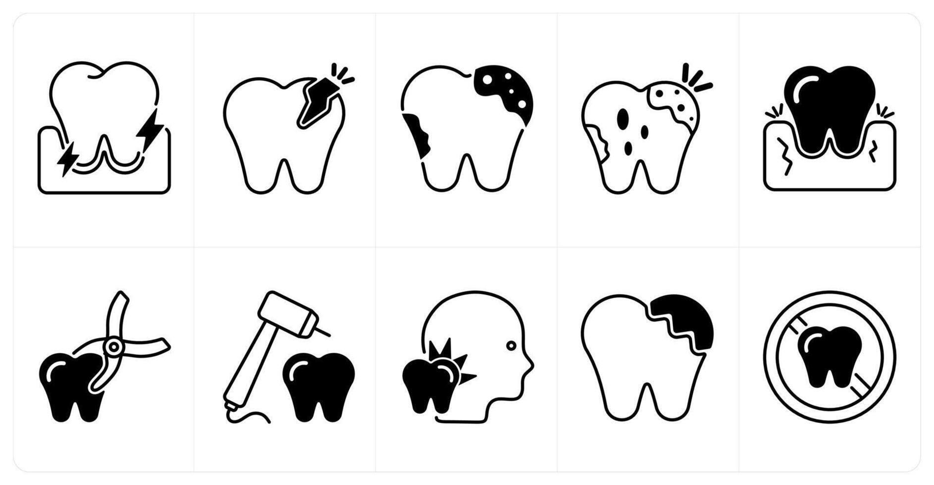 Set of of 10 dental care icons as gum pain, dental emergency, dental caries vector