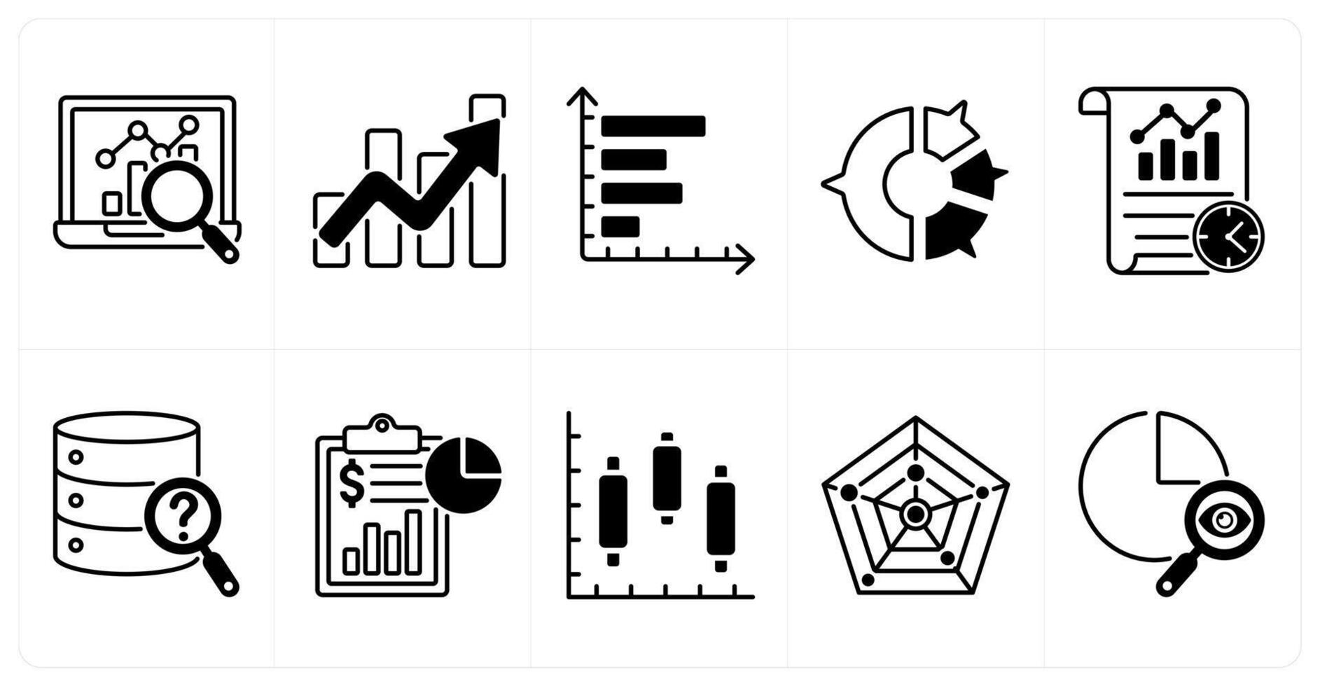Set of of 10 diagram icons as data analysis, growth statistics, horizontal chart vector