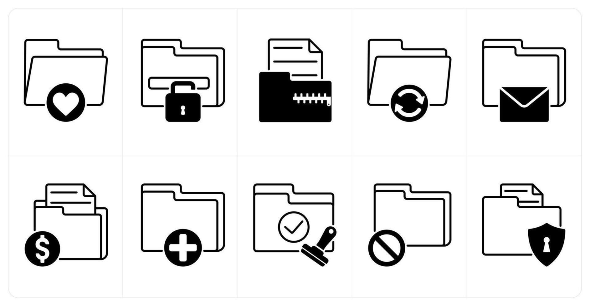 Set of of 10 files icons as favorite folder, unlock folder, zip file vector