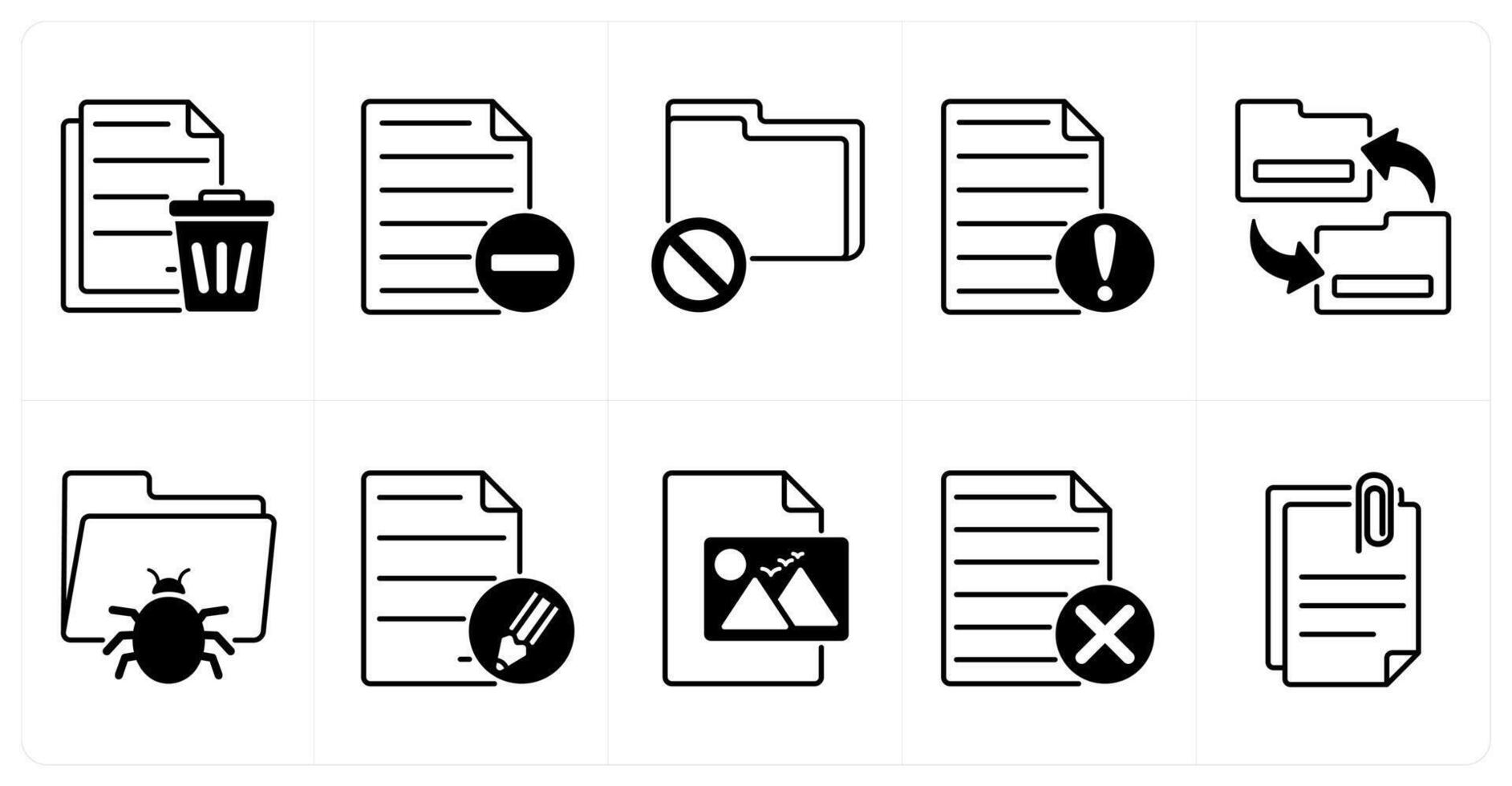 Set of of 10 files icons as trash file, remove file, folder error vector