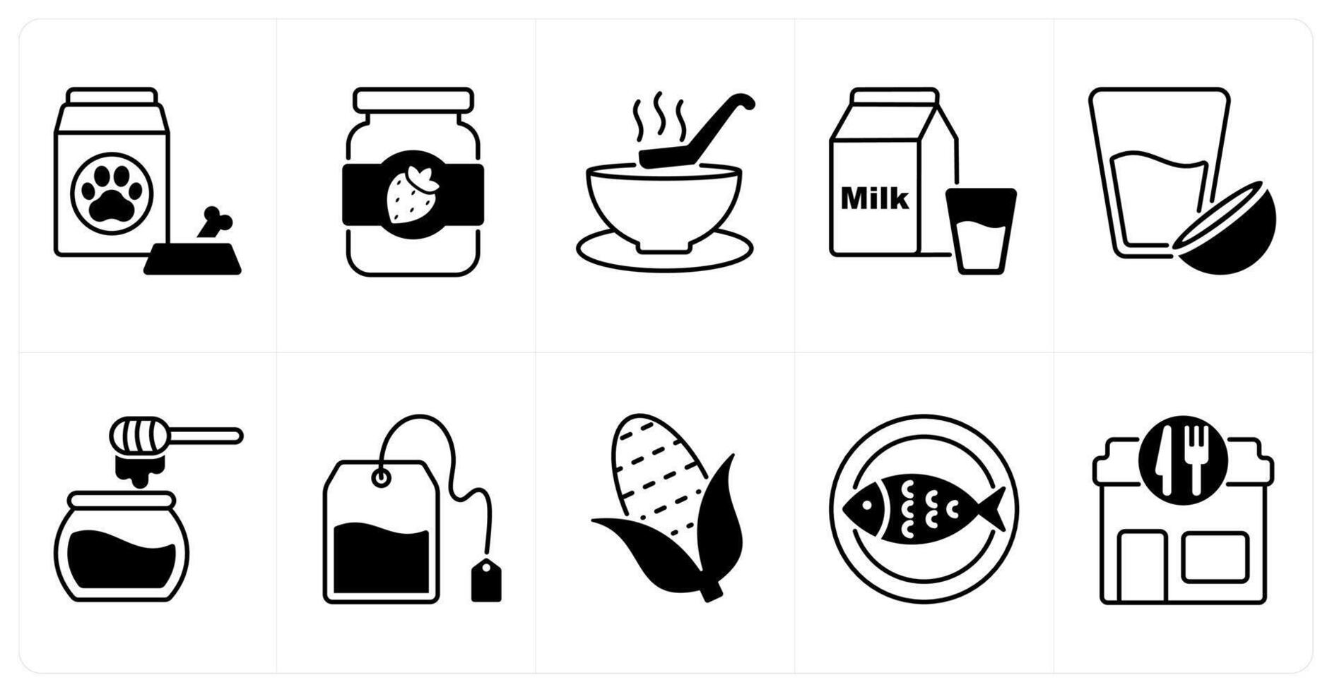 Set of of 10 food and drink icons as pet food, jam, soup vector