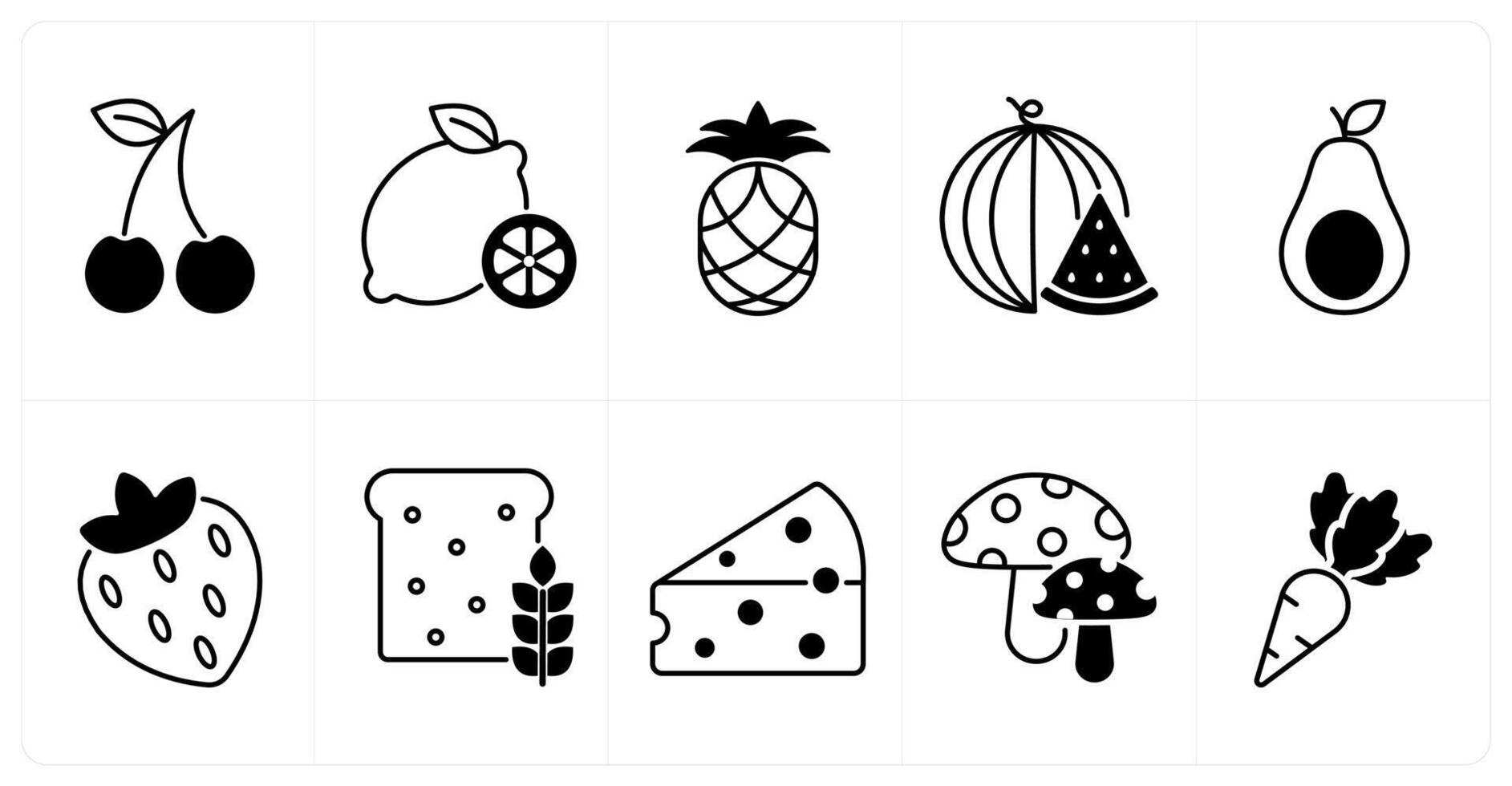 Set of of 10 food and drink icons as cherry, lemon, pineapple vector