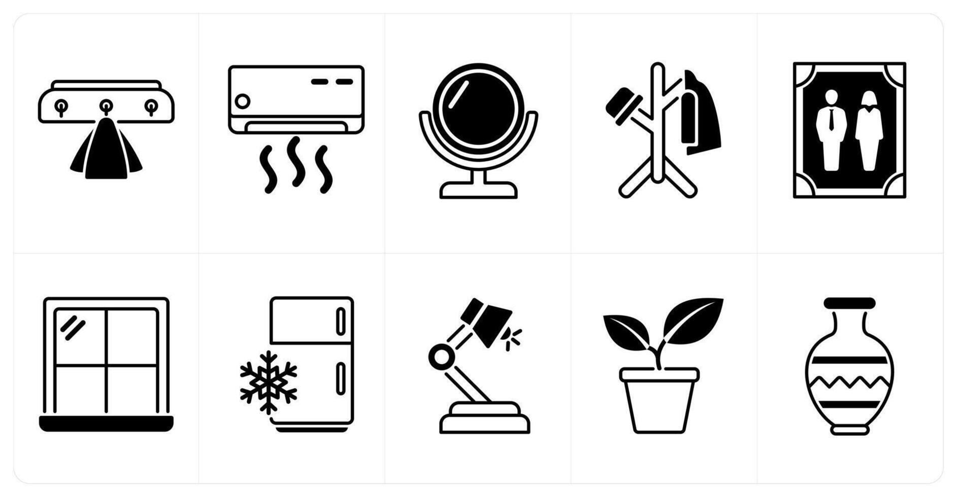 Set of of 10 furniture icons as wall hook, air conditioner, mirror vector