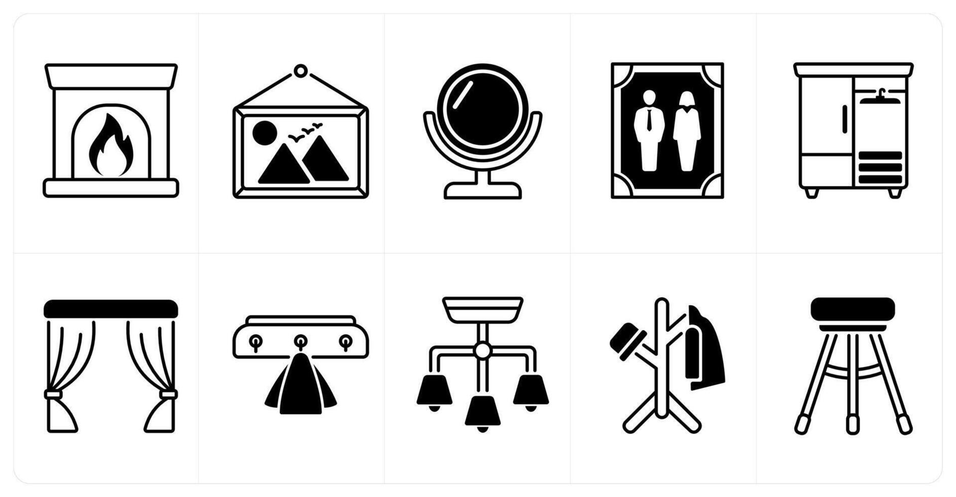 Set of of 10 furniture icons as fireplace, painting, mirror vector