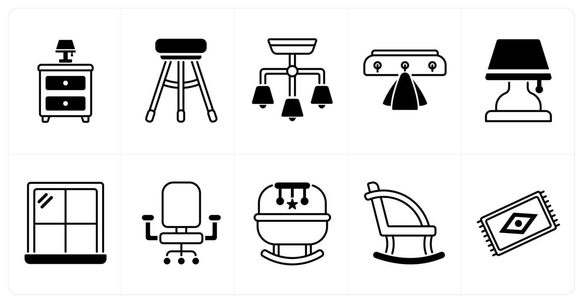 Set of of 10 furniture icons as slide table, bar stool, ceiling lamp vector