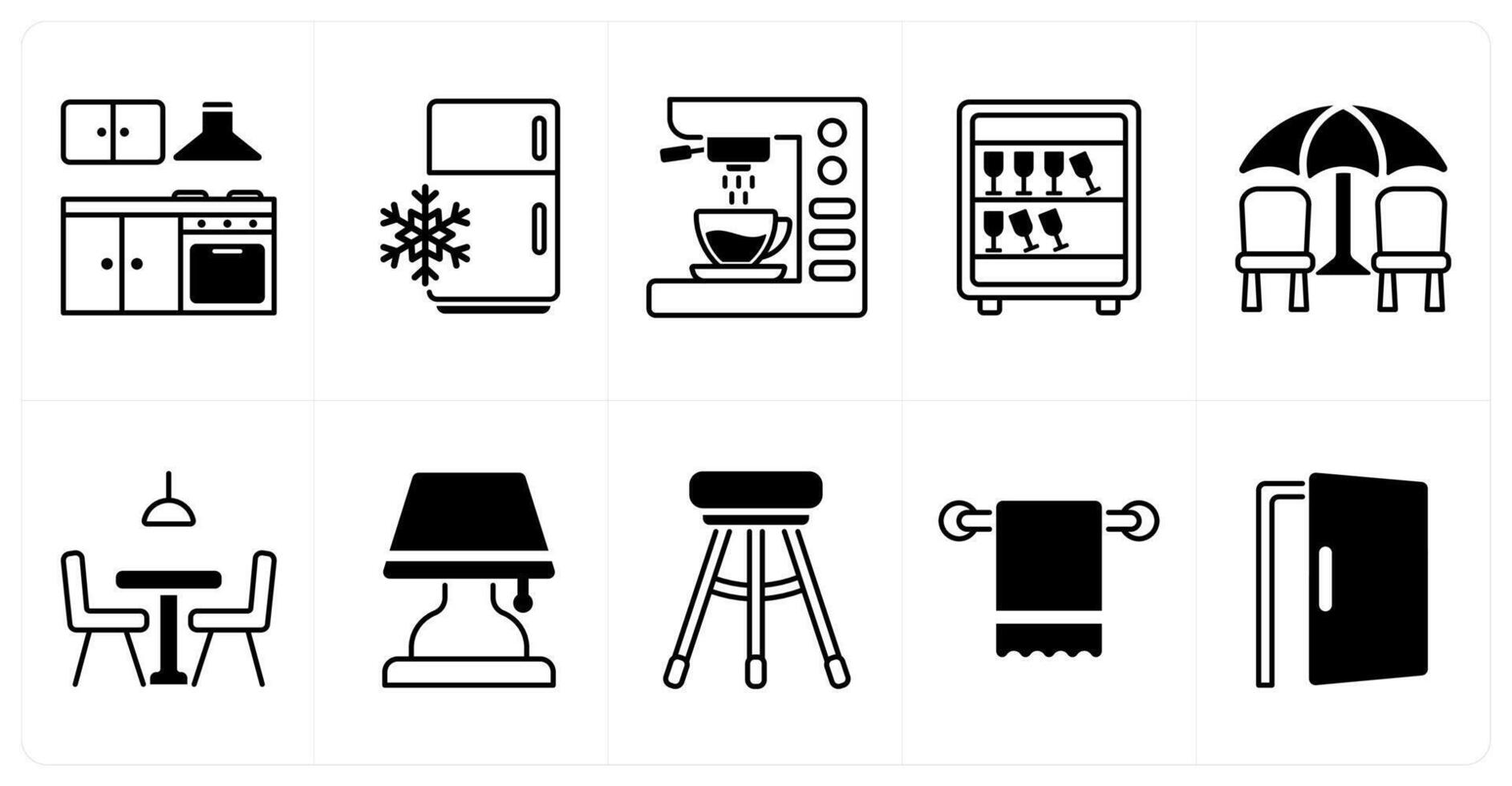 Set of of 10 furniture icons as kitchen, refrigerator, coffee machine vector