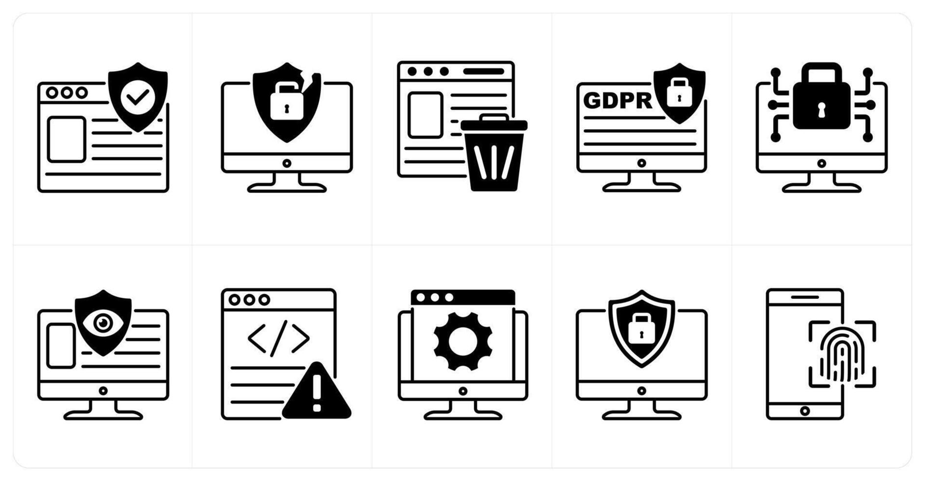 Set of of 10 gdpr icons as protected website, security breach, right to be forgotten vector