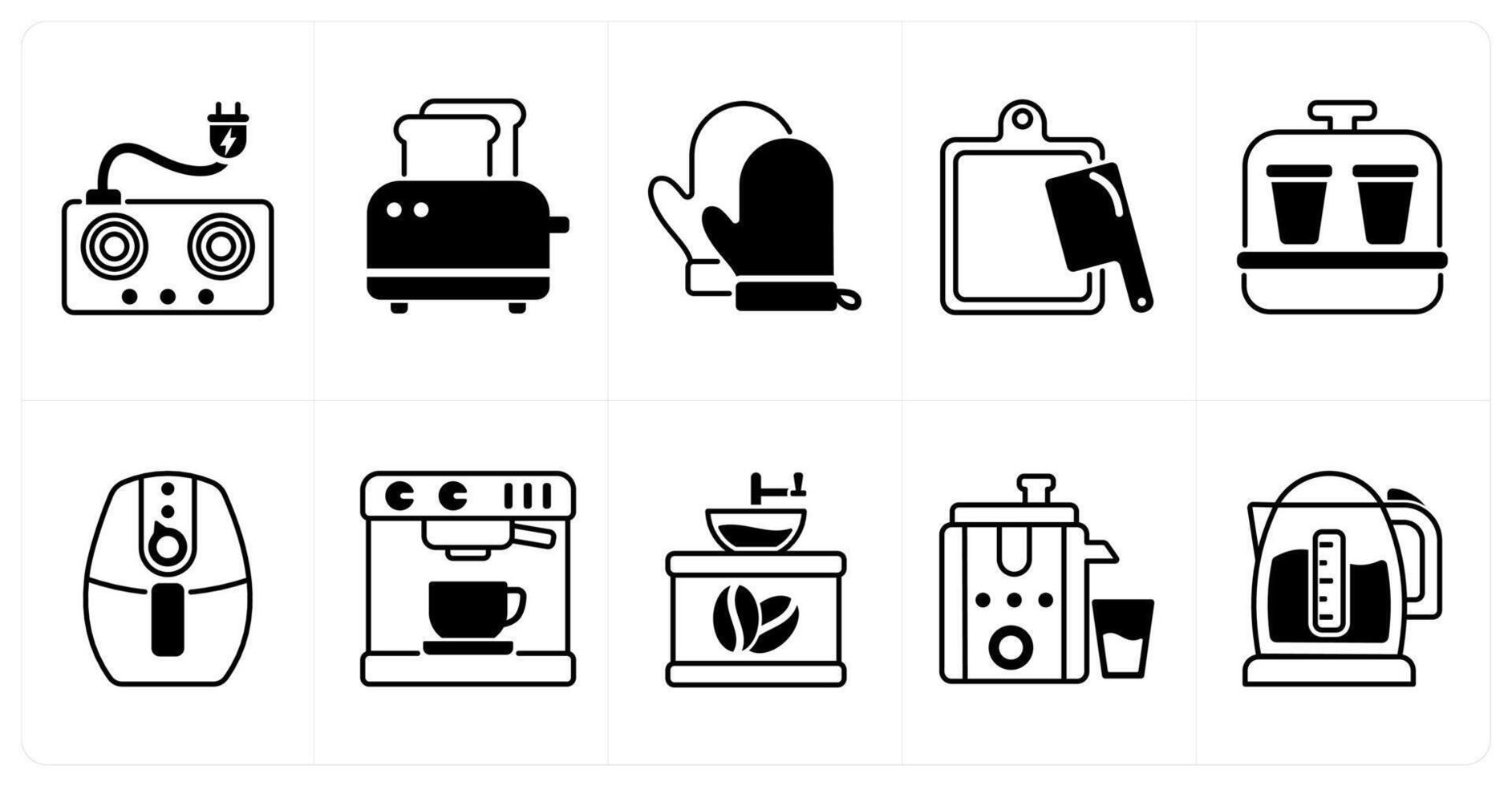 Set of of 10 home appliances icons as electric stove, toaster, oven gloves vector