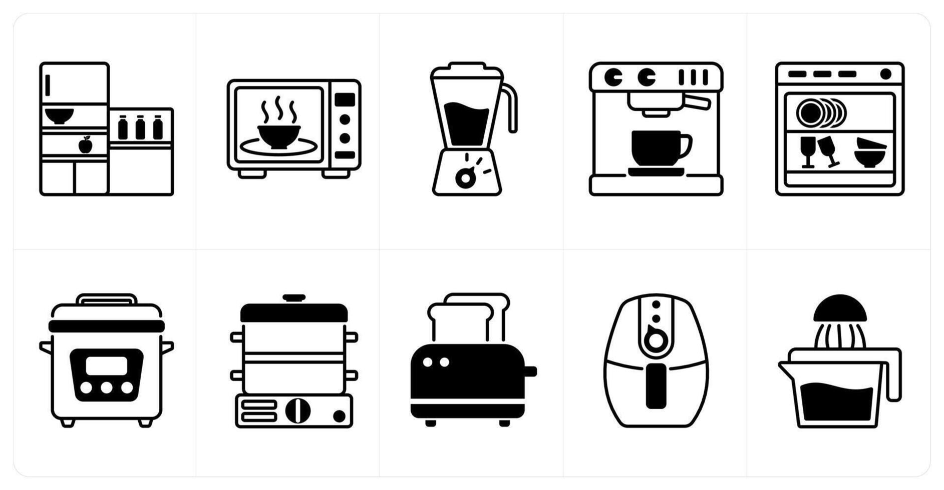 Set of of 10 home appliances icons as refrigerator, microwave, blender vector