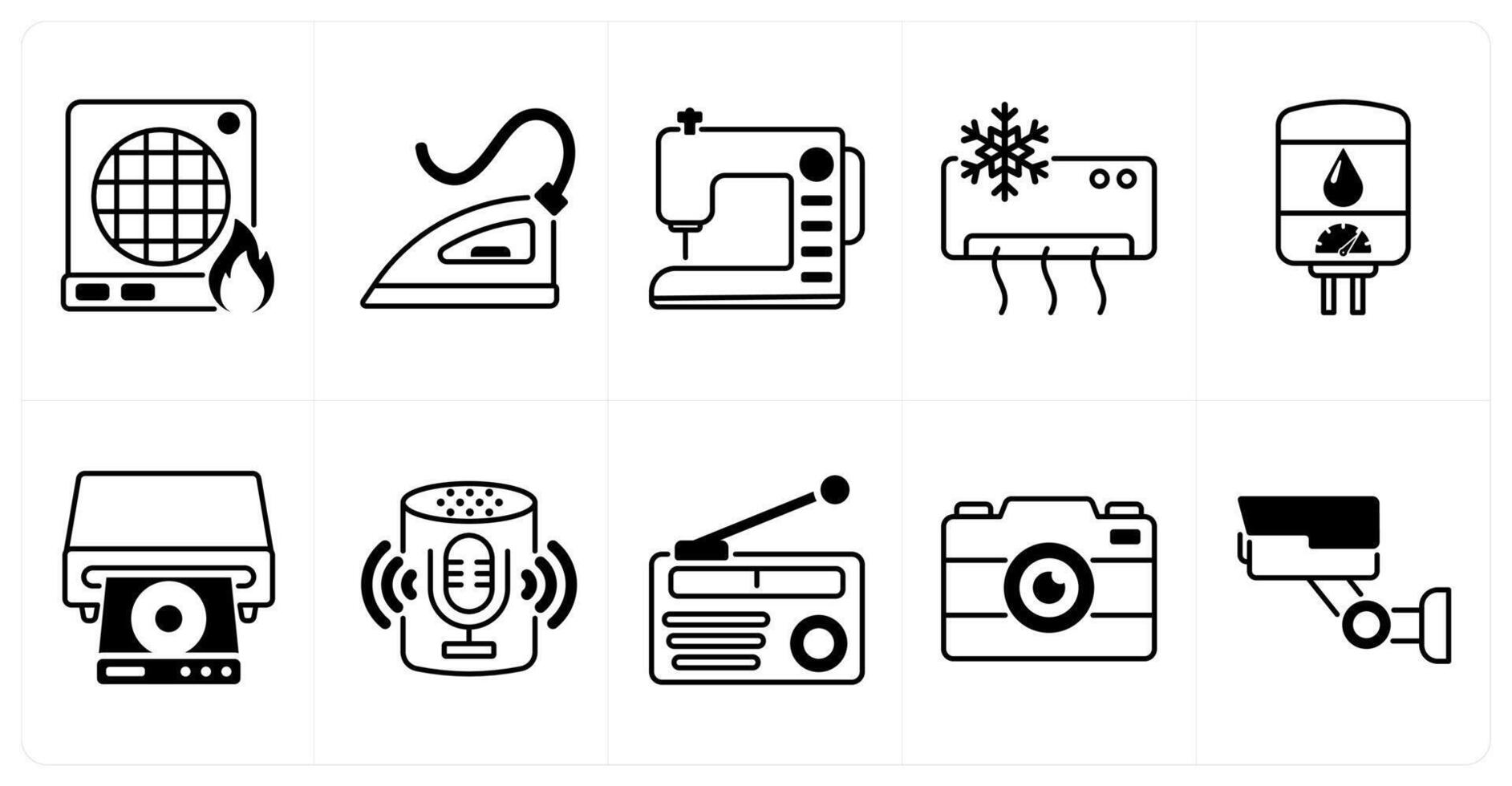 Set of of 10 home appliances icons as heater, iron, sewing machine vector
