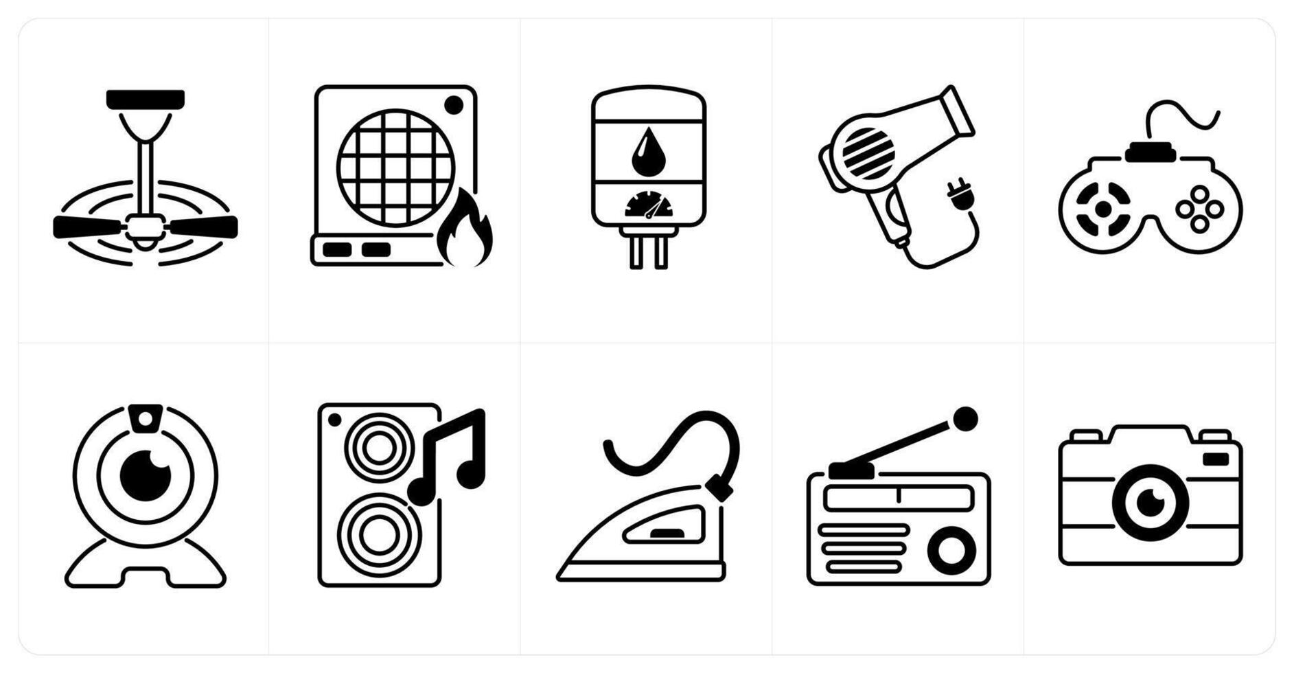 Set of of 10 home appliances icons as ceiling fan, heater, geyser vector