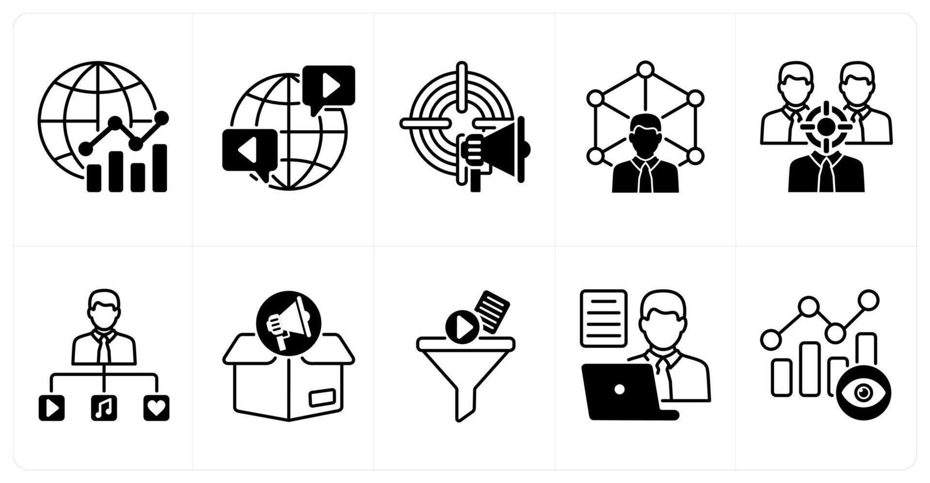 Set of of 10 influencer icons as global marketing, worldwide, advertisement target vector