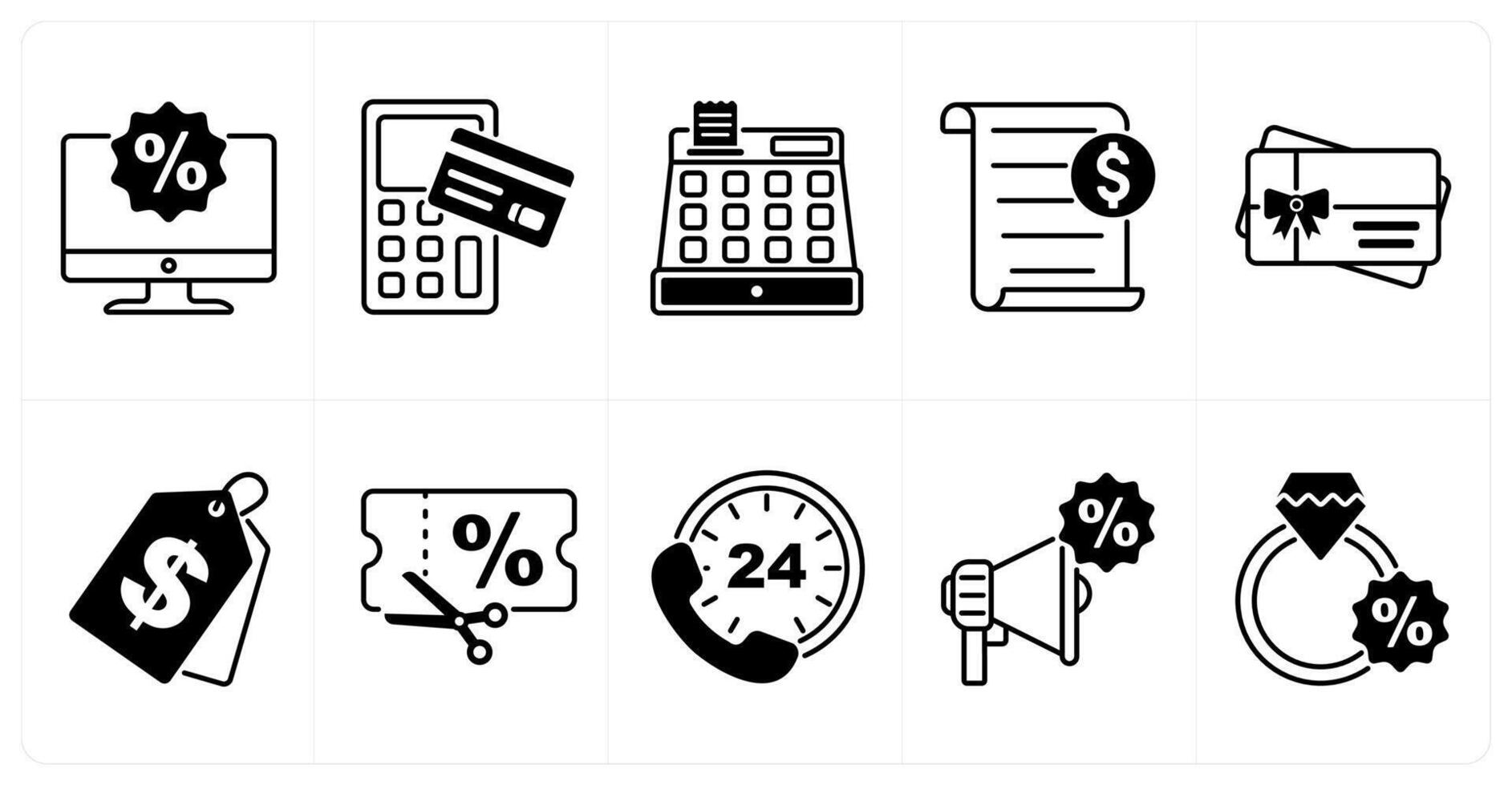 Set of of 10 offer icons as online dicsount, contactless, cash register vector
