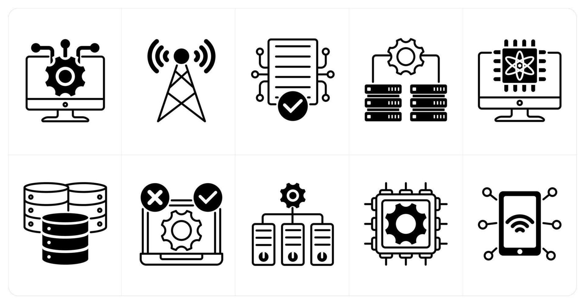 Set of of 10 technology icons as information technology, signal tower, digital data vector