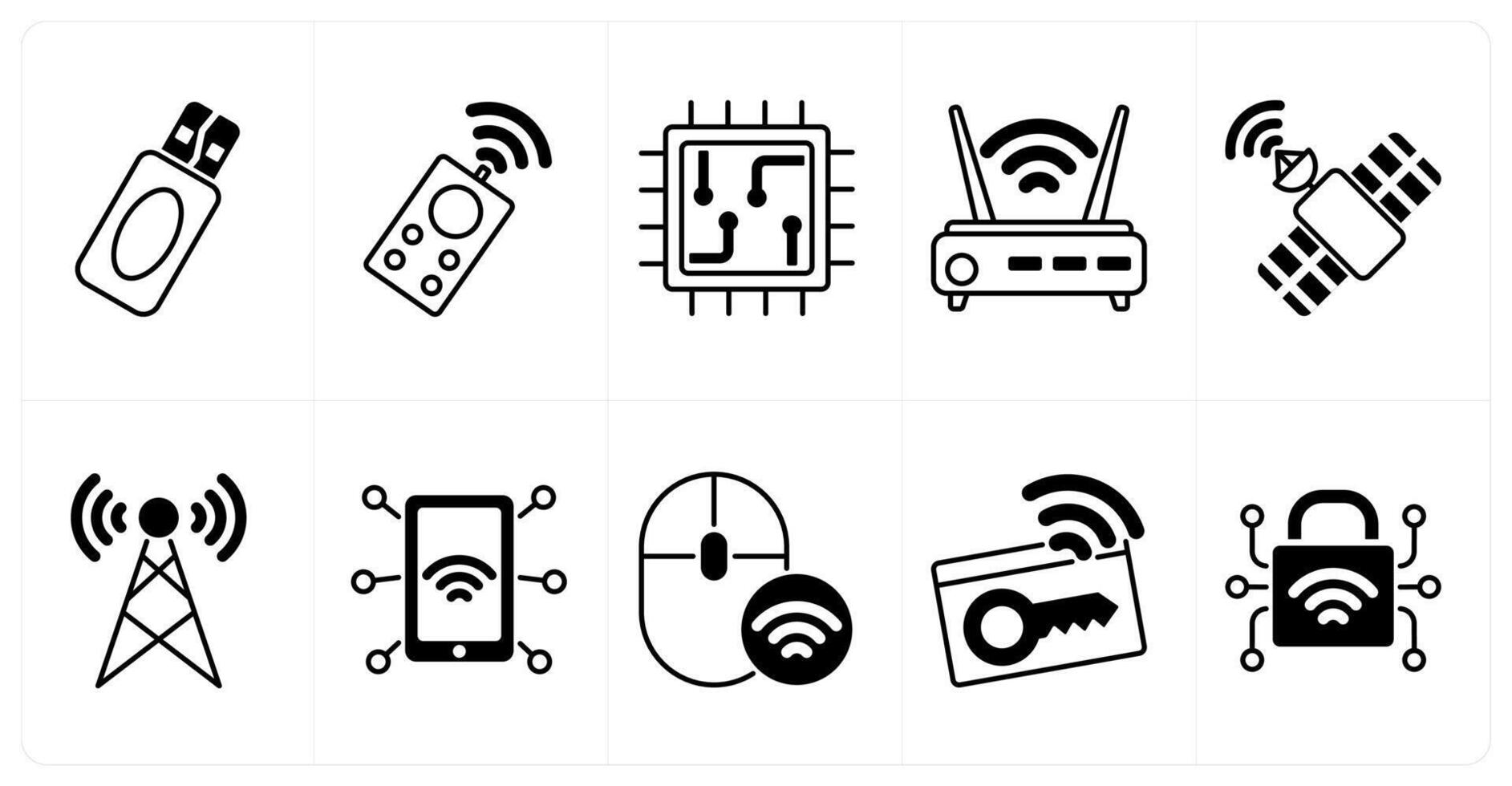 Set of of 10 technology icons as pen drive, remote control, chip vector
