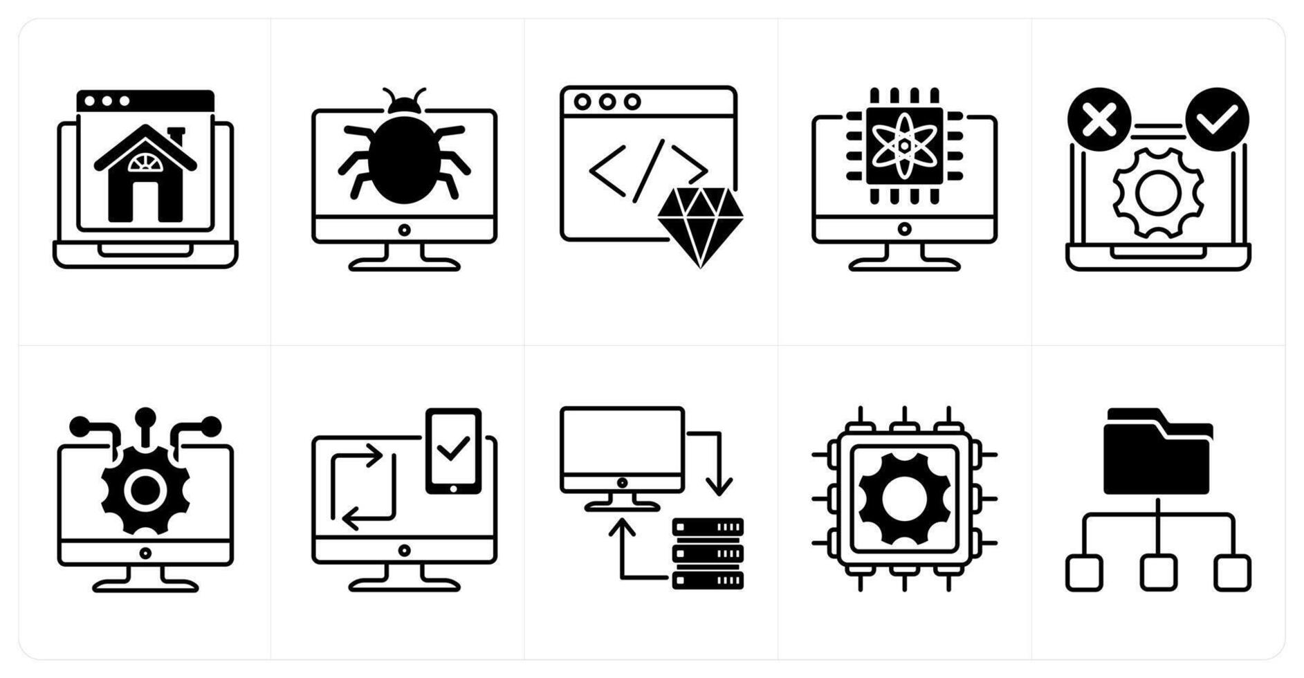 Set of of 10 technology icons as homepage, bug, clean code vector