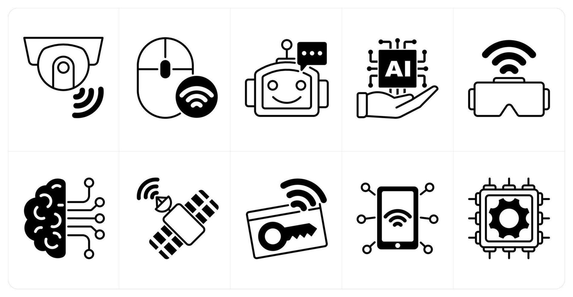 Set of of 10 technology icons as smart camera, smart mouse, chatbot vector