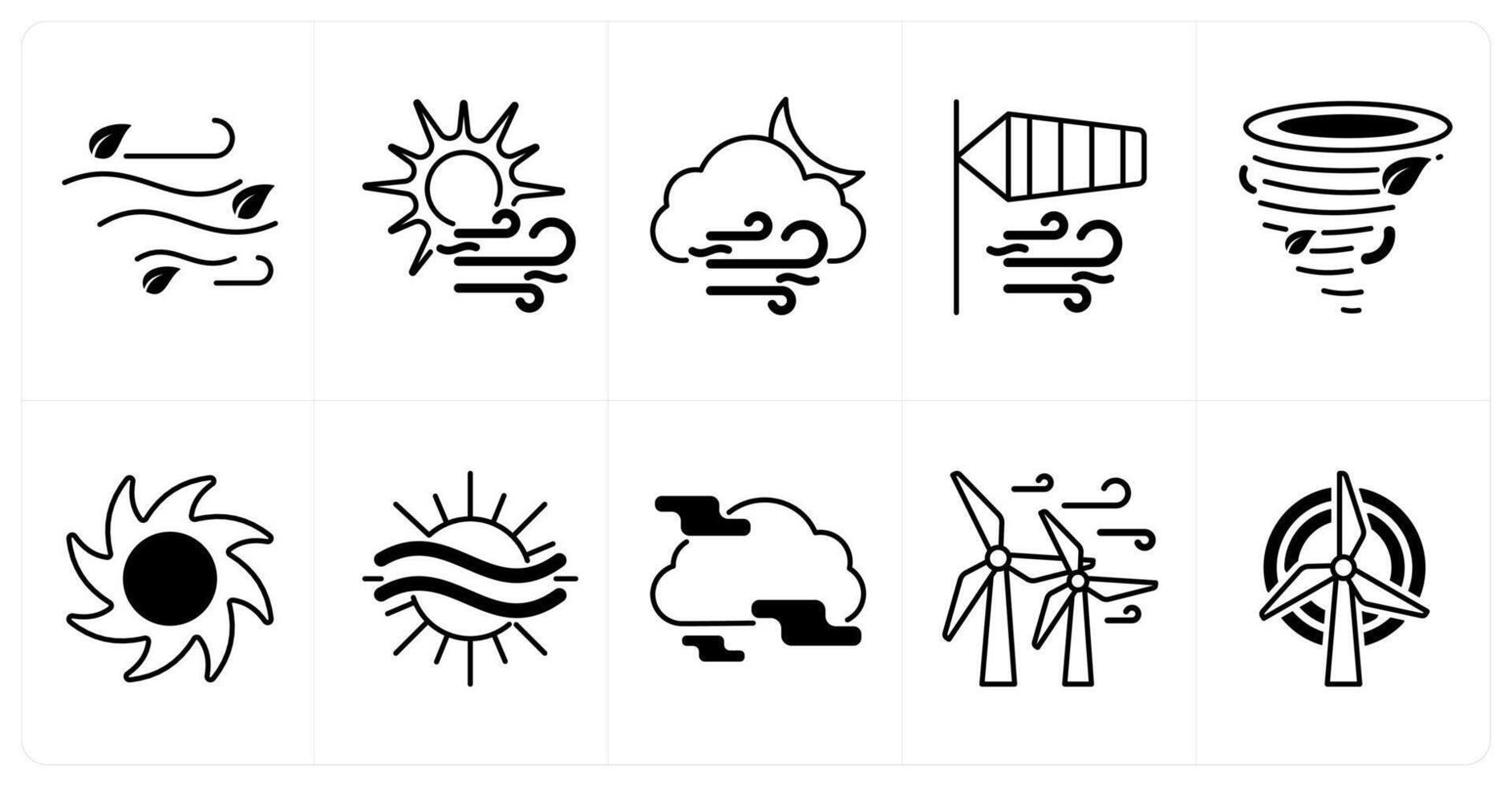 Set of of 10 weather icons as wind, wind and sun, windy night vector