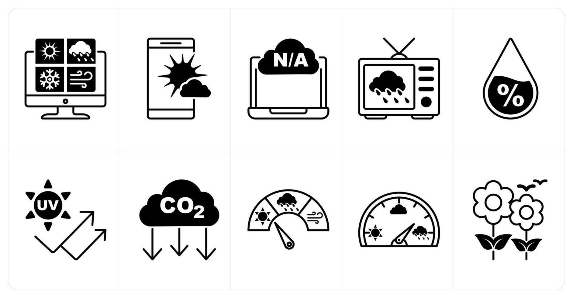 Set of of 10 weather icons as weather report, weather app, not available vector
