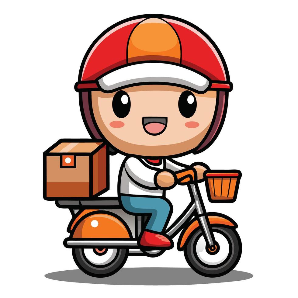 cartoon delivery boy riding a motorcycle with boxes white background vector