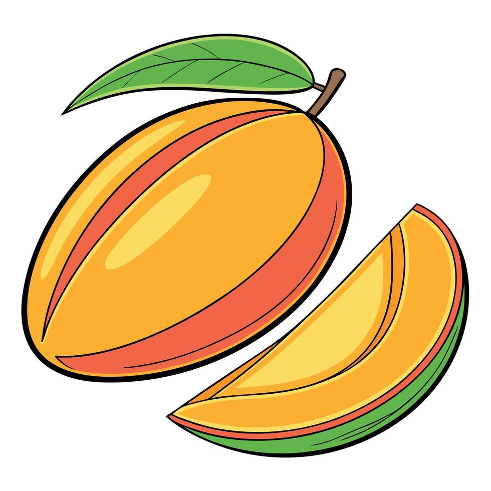a mango with a slice and a leaf vector
