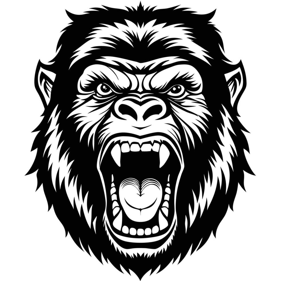 gorilla head with open mouth and teeth white background vector