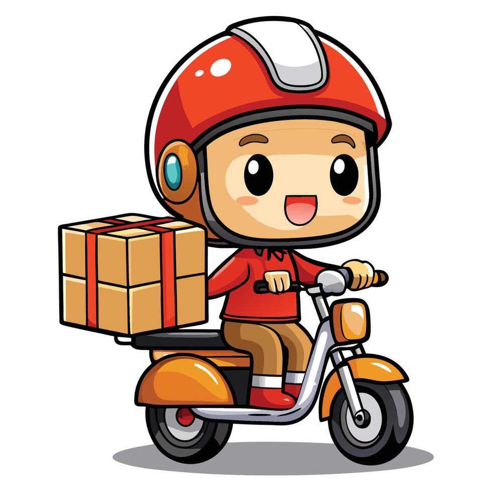 cartoon delivery boy riding a scooter with boxes vector